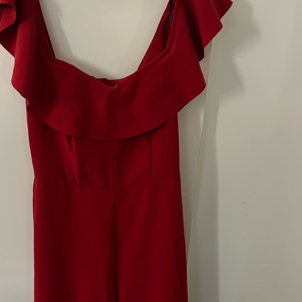 True Red Jumpsuit Off or On the Flutter sCap sleeves.